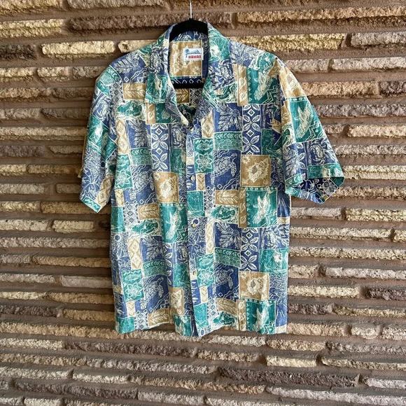 Men's Hawaiian Reverse Tribal Ethnic Print Turtle Casual Aloha Shirt - Picture 1 of 6